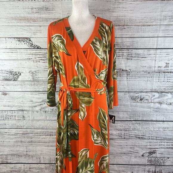Mlle Gabrielle Dress Plus sz 3X Orange Tropical Slinky Midi Modest Wedding Beach - Picture 3 of 16
